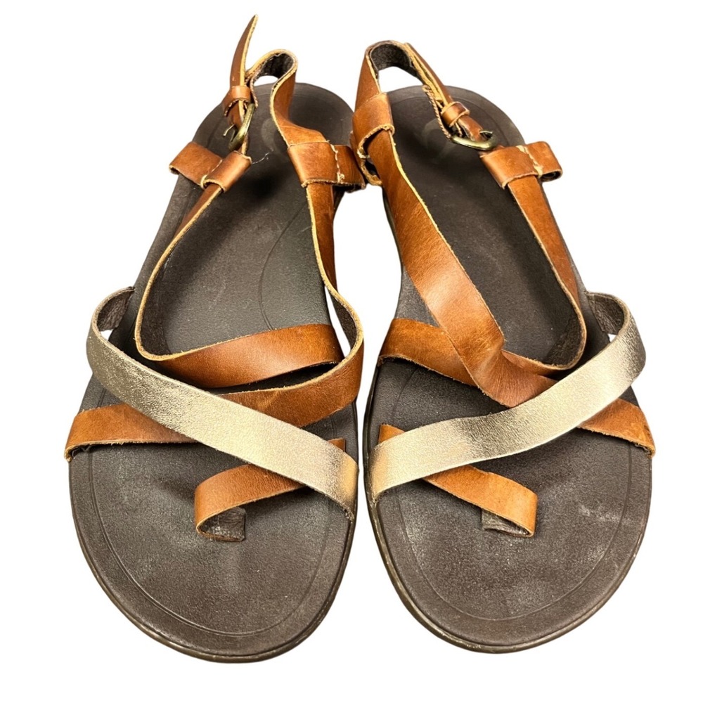 OluKai Upena Sandals Womens 9 Kona Coffee Champagne Leather Strappy